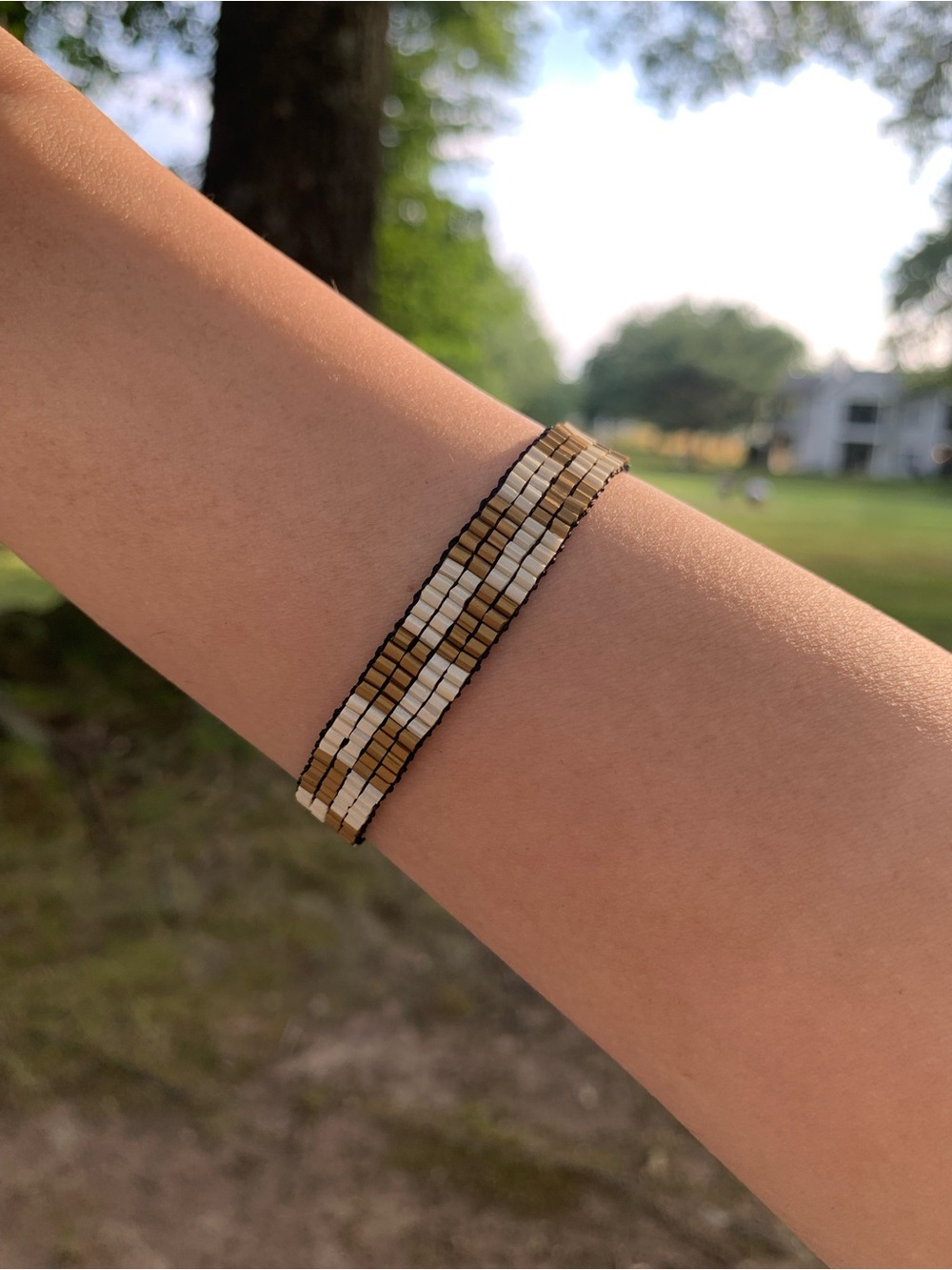Gold and White Beaded Bracelet - Women's Fashion Jewelry